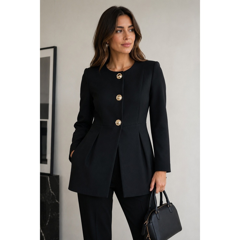 Zara Black Jewel Button Longline Coat Round Neck Structured Jacket Size L